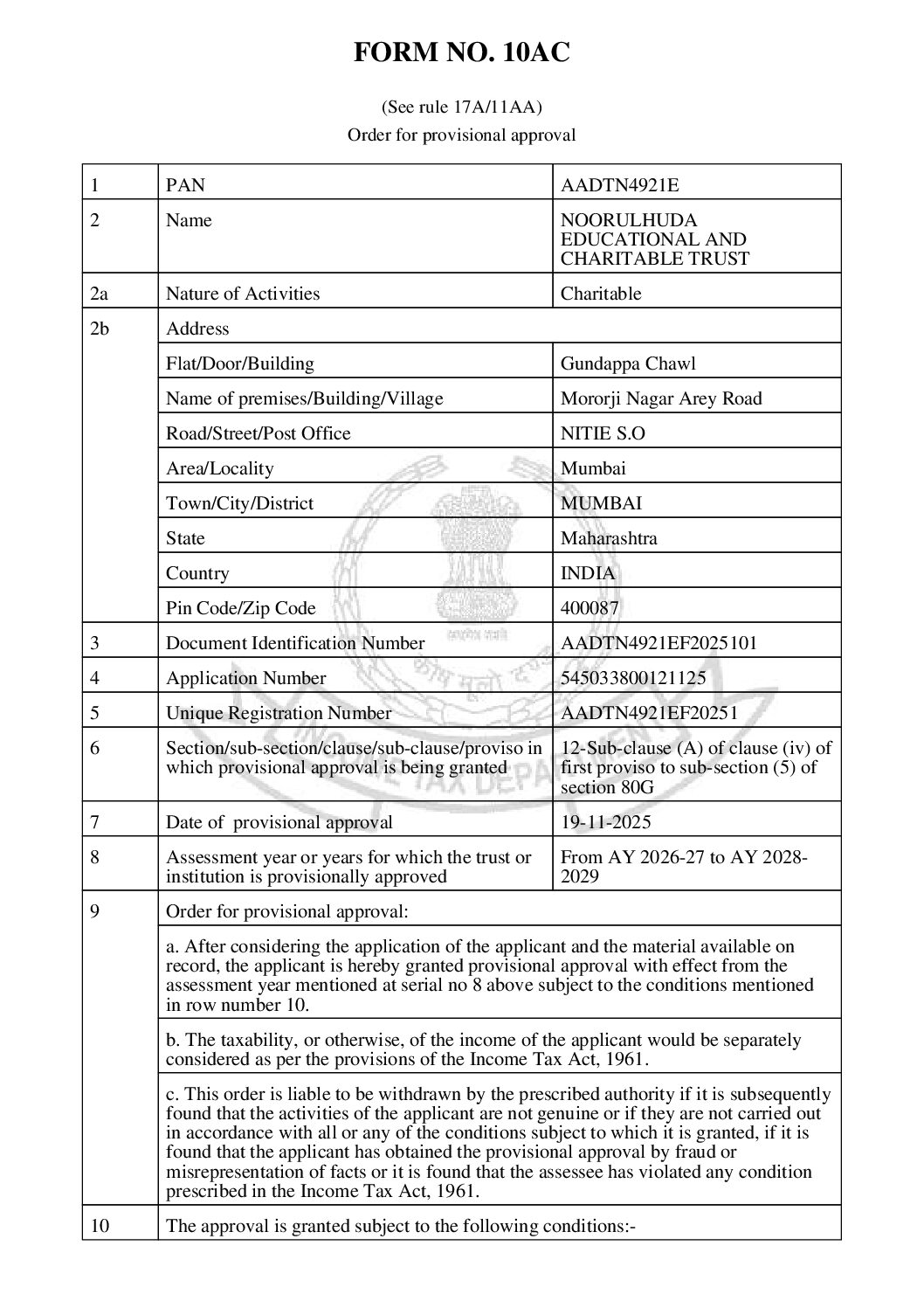 80G Certificate for Noorulhuda Educational and Charitable Trust